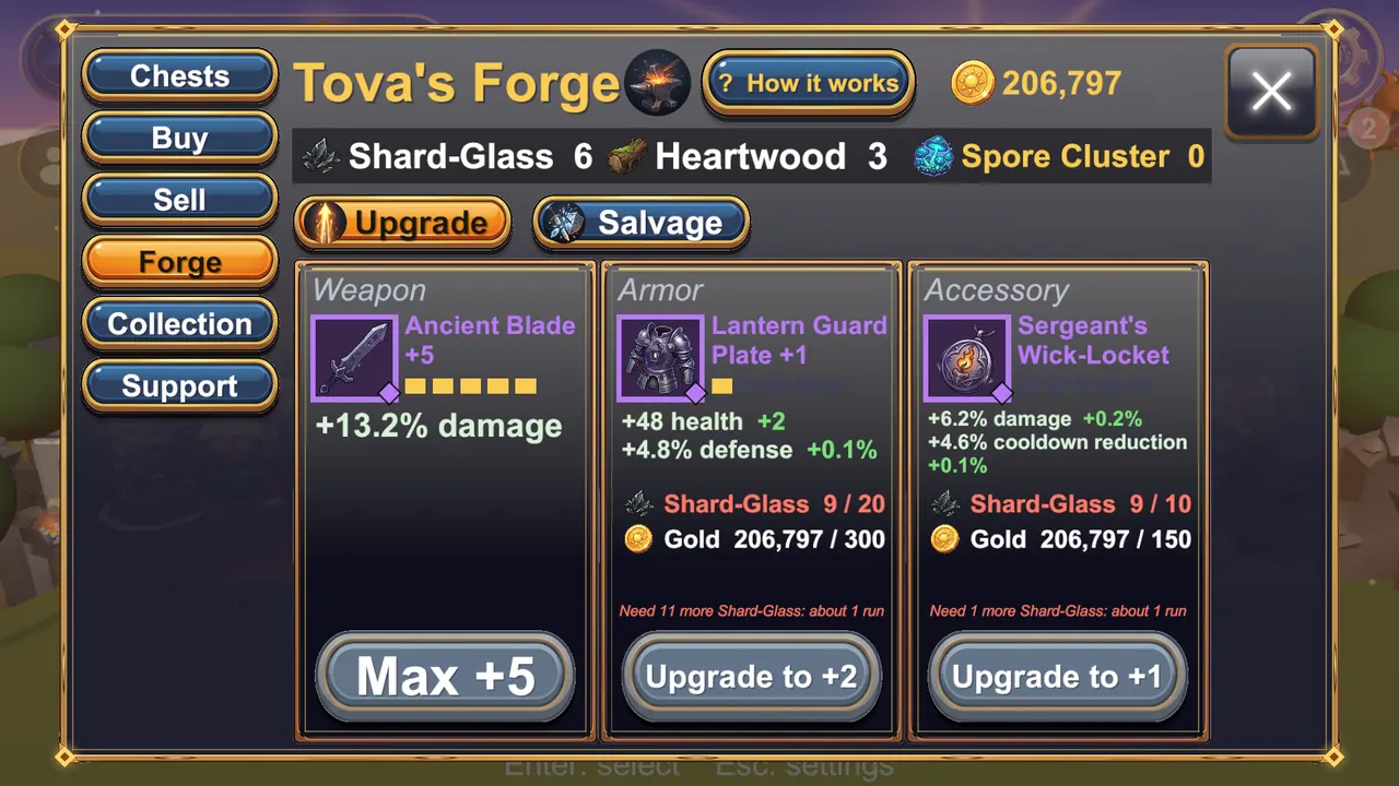 Tova's Forge: upgrade a weapon, an armor piece and an accessory