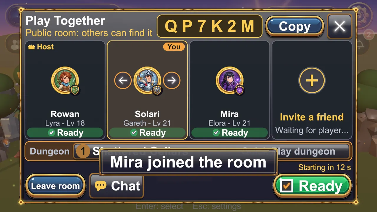 A public room with three players ready and a free seat